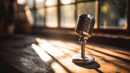 A vintage-style microphone on a wooden desk, with soft sunlight streaming through a window in the background, creating a warm, nostalgic feel.