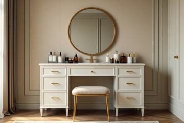 A stylish white vanity with a round mirror, drawers, and decorative bottles sits elegantly against textured beige wall paneling in a modern interior.