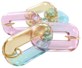 Colorful, translucent plastic chain links in pastel shades of pink, blue, and yellow, intertwined with golden ring accent. design evokes playful and modern aesthetic