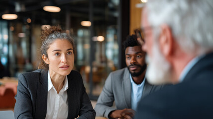 A woman in a suit speaks during a meeting with a man and an older man with white hair in an office