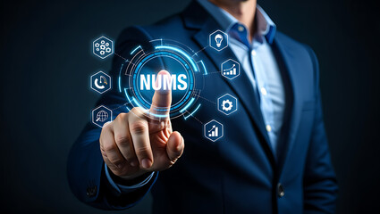 Businessman touches glowing digital interface with business icons touching