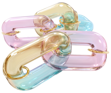 Colorful, translucent plastic chain links in pastel shades of pink, blue, and yellow, intertwined with golden ring accent. design evokes playful and modern aesthetic