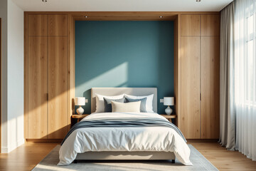 A modern bedroom showcases a wall-to-wall built-in wardrobe with wooden panels and a teal accent wall, complemented by a cozy bed with soft linens and bedside tables.