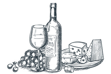 Vector hand drawn sketch illustration of wine bottle, glass, grapes, and cheese plate. Elegant style perfect for menu, winery packaging, wine bar, gourmet branding and promotional design