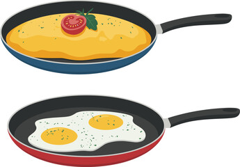 Delicious breakfast cooking in frying pans, omelette with tomato, sunny side up eggs, healthy meal, kitchen cooking, fresh food, morning nutrition, tasty egg dishes