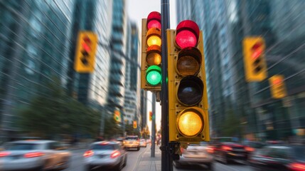 A wide-angle view of multiple traffic lights at an intersection, showcasing various colors, with cars and buildings blurred in motion in the background