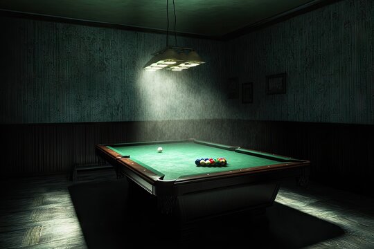 Pool table in a dimly lit room with spotlight.