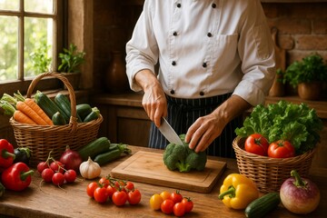 Chef chopping vegetables on wooden board in rustic kitchen  