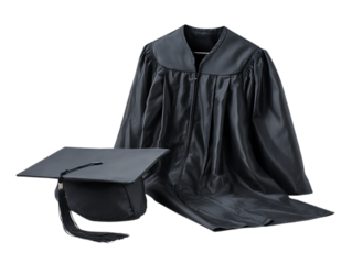 Black graduation gown and cap on white background
