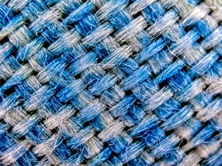 Extreme Macro Woven Blue and White Fabric Texture Detailed Fiber Structure.