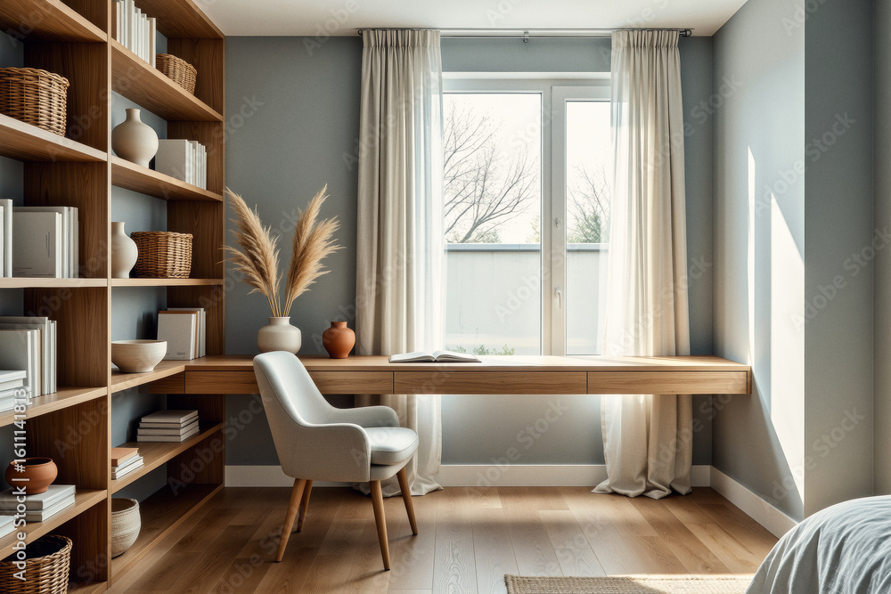 Poster a modern, minimalist home office features a built-in wooden desk and shelving unit alongside large w
