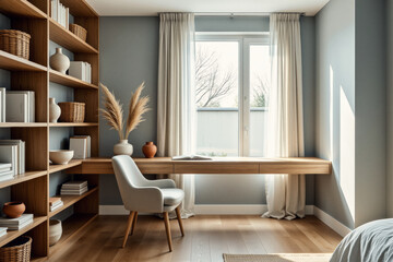 Fototapeta premium A modern, minimalist home office features a built-in wooden desk and shelving unit alongside large windows draped with sheer curtains, creating a bright and serene workspace.