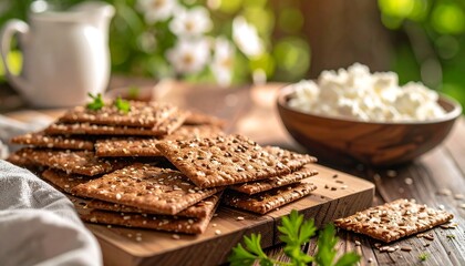 Stack of Seeded Crackers with Cheese and Cream on a Wooden Board