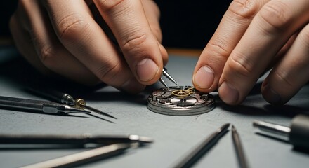 Close-up shot of a watchmaker meticulously repairing a mechanical watch movement