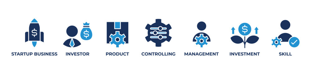 Startup Success Framework Icons set vector illustration blue  with Startup business, Investor, Product, Controlling, Management, Investment, Skill 