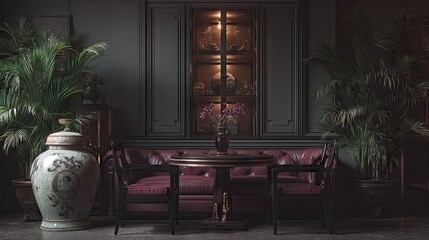 Elegant sitting area with antique style furniture and plants.