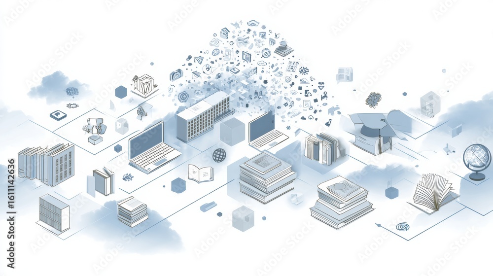 Poster digital education ecosystem featuring floating icons with books, computers, and global resources rep