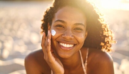 Young woman with a smile is lying in the sun, wearing sunscreen on her cheek. High quality. 