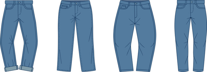 Denim jeans vector illustration, technical flat sketch, blue jeans front and back, stylish fashion cad, pants design for apparel, clothing mockup for fashion