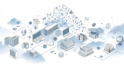 Digital Education Ecosystem Featuring Floating Icons With Books, Computers, and Global Resources Representing Modern Learning Tools and Environments