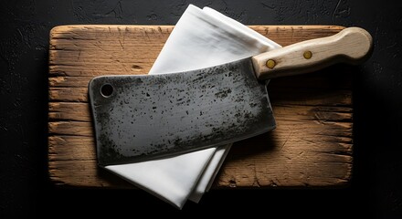 Rustic meat cleaver resting on a weathered wooden cutting board with a white cloth