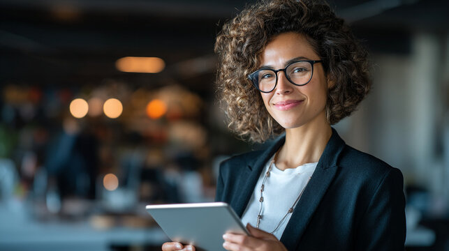 Portrait of a woman with curly hair wearing glasses and holding a tablet in a blurred office