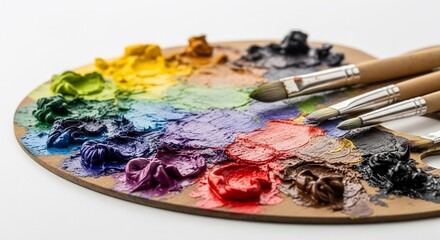 Obraz premium Colorful Artist's Palette with Paint Swatches and Brushes Ready for Creation