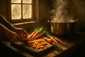 Chopping fresh carrots on wooden board while cooking in rustic kitchen  