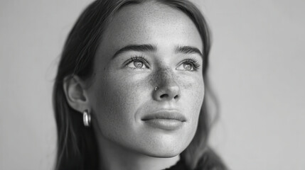 woman gazing upwards with tears in her eyes exuding hope and light against clean monochrome background