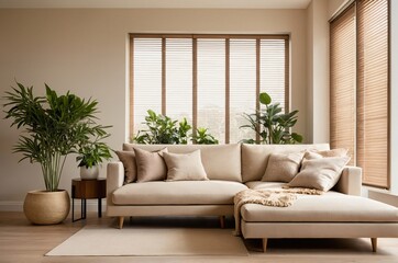 Fototapeta premium Modern living room with natural sunlight and cozy decor