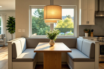 Sunlight streams into a modern kitchen featuring a built-in window seat with a wooden table and vase of flowers, overlooking a lush green yard.