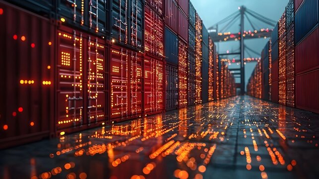 Stacked shipping containers with digital tracking codes in a futuristic illuminated cargo hub