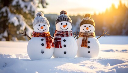 Festive snowman trio basking in wintry sunshine, bringing joy and celebrating winter holidays