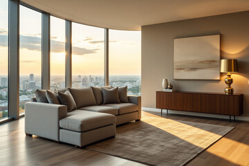 A modern living room boasts a panoramic city view through expansive windows, featuring plush seating, stylish decor, and warm sunset lighting.