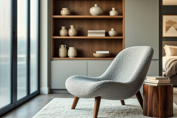 A cozy gray armchair sits beside a wooden stool and a built-in shelving unit with decorative pottery, creating a serene interior space.