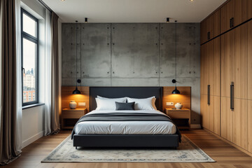 A modern bedroom showcases a minimalist design with a gray bed, wood paneling, and large windows overlooking a cityscape.