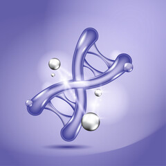 Realistic purple DNA bubble with white pearls on a purple background fit for label and packaging cosmetic, supplement product