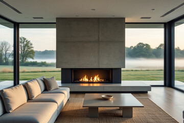 A modern living room features a sleek fireplace with flickering flames, expansive windows overlooking a misty landscape, and minimalist furniture creating a serene atmosphere.