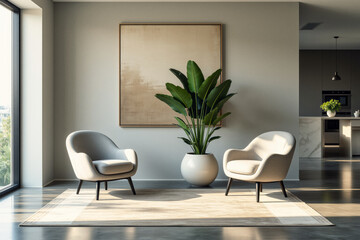 A modern living room features two armchairs, a large abstract painting, and a potted plant arranged on a light-colored rug against a backdrop of floor-to-ceiling windows and minimalist kitchen.