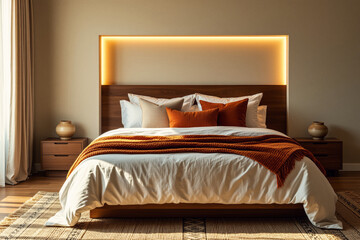 A modern bedroom showcases a king-sized bed with warm lighting, textured linens, and natural wood accents creating a serene and inviting atmosphere.