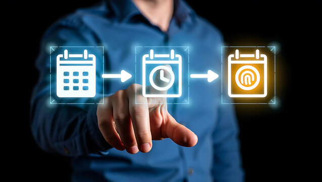 Man touching digital calendar icons showing time and fingerprint image