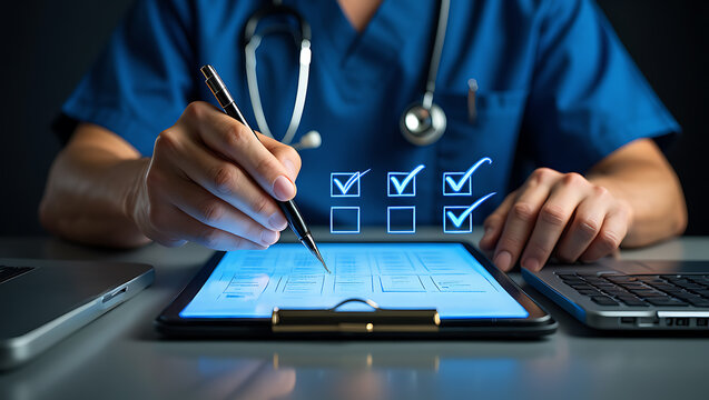 Medical professional checking off tasks on digital tablet healthcare