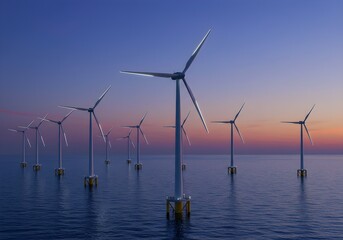A row of offshore wind turbines generating renewable energy at sunset, symbolizing clean power, sustainability, and environmental innovation.