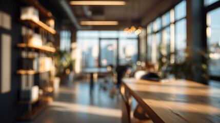 A blurred view of a modern office space with large windows and wooden shelves on the left side wall