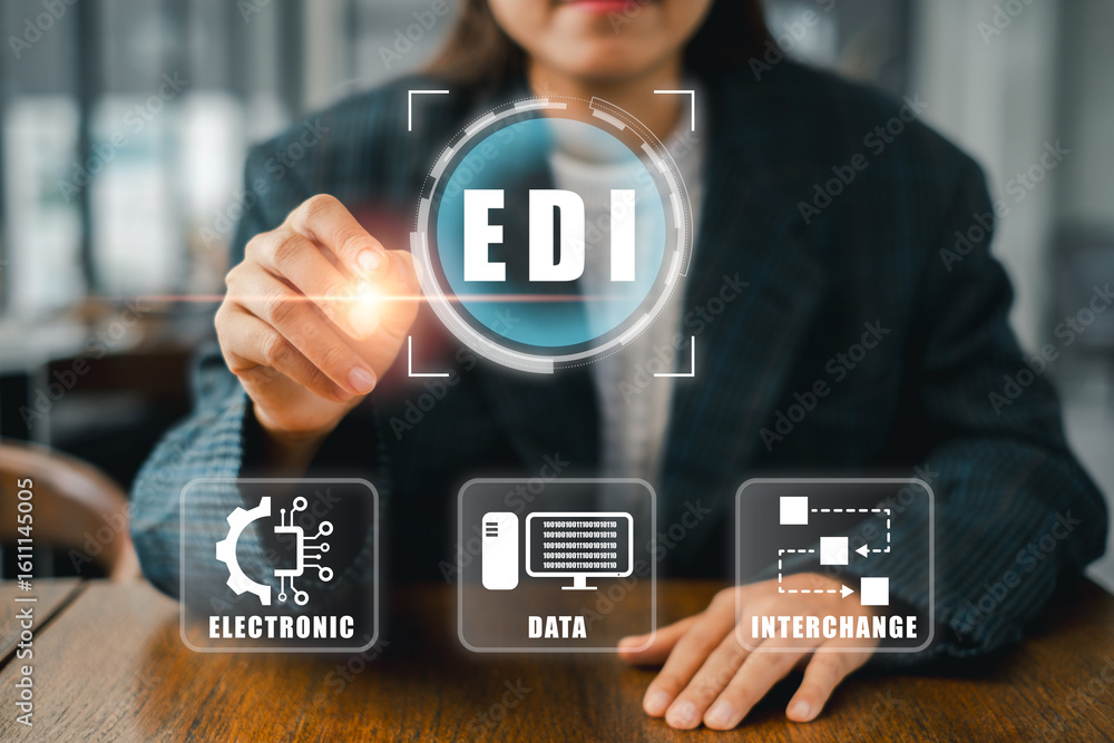 Poster business professional using edi technology for seamless electronic data interchange and efficient co