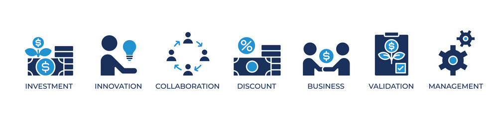 Innovative Business Growth Icons set vector illustration blue with Investment, Innovation, Collaboration, Discount, Business, Validation, Management