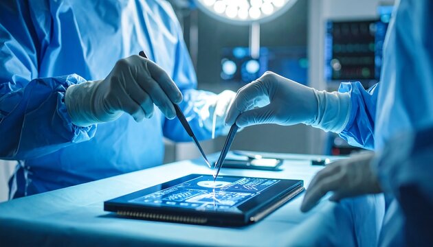 Surgeons Performing Operation Using Tablet and Scalpel in Operating Room