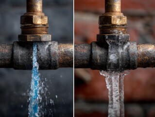 Split metal pipe with flowing water and frozen ice in contrasting backgrounds