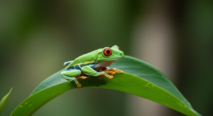 Obraz premium Tree frog on leaf rainforest scene