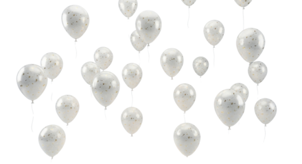 Elegant white balloons with golden confetti floating, perfect for festive celebrations and party decor